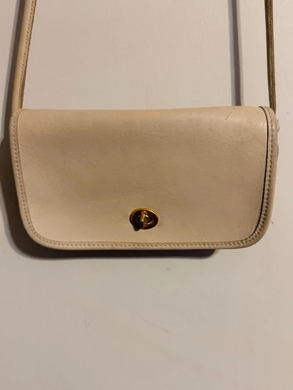 Vintage Cream Leather Crossbody Bag Minimal Flap‎ Neutral Classic Purse